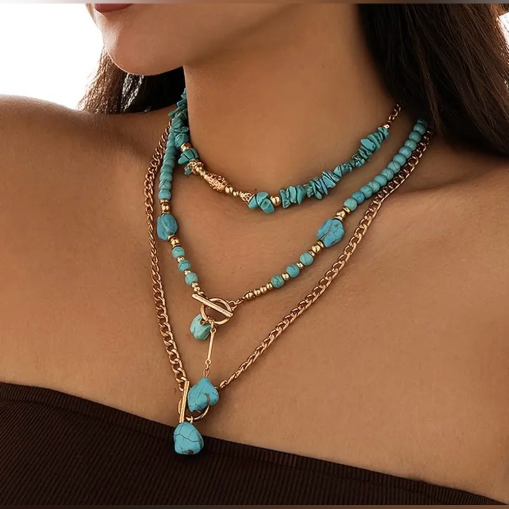 Elegant Turquoise and Gold Layered Necklace - Picture 2 of 7